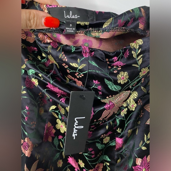 Lulus Make a Move Black Satin Floral Jacquard Strapless Midi Dress - Picture 6 of 7